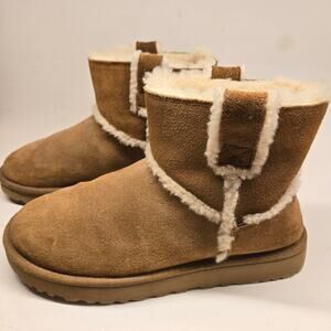 UGG Raw Edge Mini Spill Seam Chestnut Suede Shearling Lined Ankle Booties, SZ 9